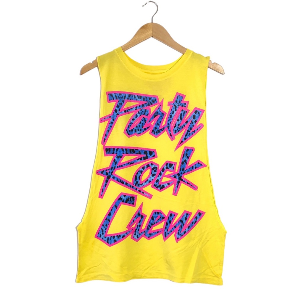 Party Rock Crew LMFAO Yellow Cheetah Dropped Armhole Muscle Gym Tee Shirt Top L